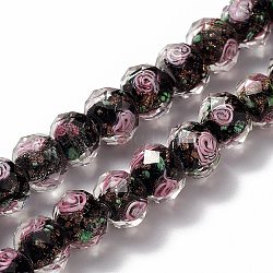 Handmade Gold Sand Lampwork Beads Strands, Inner Flower, Faceted Rondelle, Black, 9~10x7~8mm, Hole: 1.5~2mm, about 60pcs/strand, 17.3 inch(LAMP-R141-10mm-03)