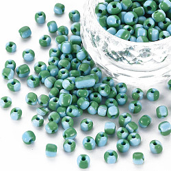 8/0 Two Tone Opaque Glass Seed Beads, Opaque Colours Seep, Round Hole, Column, Light Sky Blue, 3.5~5.5x2~6.5mm, Hole: 1~1.2mm, about 450g/Pound(SEED-T006-01C-A08)