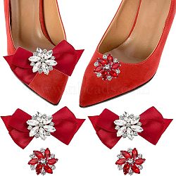 Nbeads 4Pcs 2 Style Glass Rhinestone Shoe Decorations, Detachable Bowknot Polyester Ribbon Shoe Decoration & Platinum Alloy Shoe Buckle Clips, Dark Red, 32~52x34~100x10~17mm, 2pcs/style(FIND-NB0002-34B)