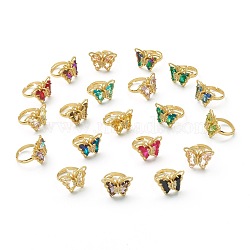 Adjustable Brass Micro Pave Clear Cubic Zirconia Finger Rings, with Glass, Butterfly, Golden, Mixed Color, US Size 6(16.5mm)(ZIRC-I050-13G)