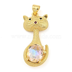 Rack Plating Brass Micro Pave Clear Cubic Zirconia Pendants, with Glass, Long-Lasting Plated, Cadmium Free & Lead Free, Cat Shapes Charms, Clear AB, 30.5x13x6mm, Hole: 4x3.5mm(ZIRC-L100-159G-01)