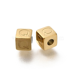 Ion Plating(IP) 304 Stainless Steel Beads, Cube with Letter, Real 14K Gold Plated, Letter Q, 5x5x5mm, Hole: 2mm(STAS-F308-01G-Q)