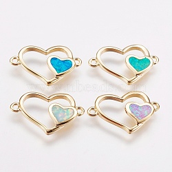 Brass Links connectors, with Synthetic Opal, Heart, Golden, Mixed Color, 10.5x16.5x1.5mm, Hole: 1mm(KK-I613-18G)
