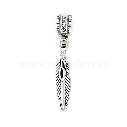 Rack Plating Brass European Dangle Charms, Large Hole Pendants, Lead Free & Cadmium Free, Antique Silver, Feather, 39mm, Hole: 4.5mm(KK-R200-07AS-03)