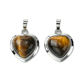 Natural Tiger Eye Pendants, Heart Charms with Rack Plating Platinum Plated Brass Findings, Cadmium Free & Lead Free, Cadmium Free & Lead Free, 23x19.5x8~9mm, Hole: 7x5mm