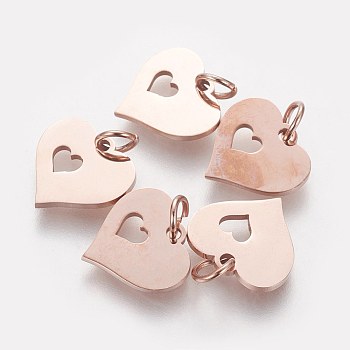 304 Stainless Steel Pendants, Heart with Heart, Rose Gold, 12x12.5x1mm, Hole: 3mm