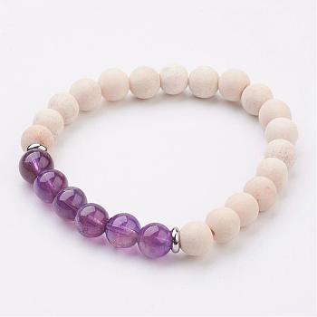 Natural Fossil and Amethyst Stretch Bracelets, 2-1/8 inch(52mm)