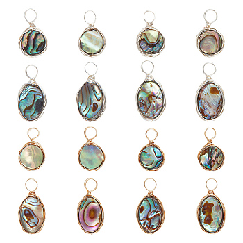 AHADERMAKER 16Pcs 4 Styles Natural Abalone Shell/Paua Shell Pendants, with Copper Wire Wrapped, Oval & Flat Round Charm, Platinum & Golden, 17~19x10~10.5x2.5~3mm, Hole: 3mm, 4pcs/style