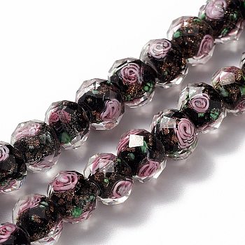 Handmade Gold Sand Lampwork Beads Strands, Inner Flower, Faceted Rondelle, Black, 9~10x7~8mm, Hole: 1.5~2mm, about 60pcs/strand, 17.3 inch