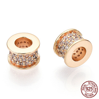 925 Sterling Silver Micro Pave Cubic Zirconia Beads, Column, Nickel Free, Real 18K Gold Plated, 6.5x4.5mm, Hole: 3mm