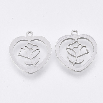 201 Stainless Steel Pendants, Laser Cut Pendants, Heart with Flower, Stainless Steel Color, 17.5x15.5x1mm, Hole: 1.4mm