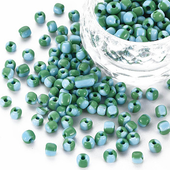 8/0 Two Tone Opaque Glass Seed Beads, Opaque Colours Seep, Round Hole, Column, Light Sky Blue, 3.5~5.5x2~6.5mm, Hole: 1~1.2mm, about 450g/Pound