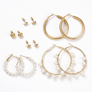 Star & Moon & Half Round Stud Earrings Set, with Resin Pearl Beads Huggie Hoop Earrings, Wire Wrap Iron Earrings for Women, Golden, 9~70x5~9mm, Pin: 0.8~0.9mm, 6 pairs/set