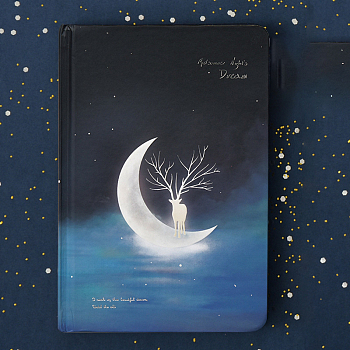 A5 Luminous Paper Notebooks, Rectangle Glow in the Dark Notebook, with Color Printing Inner Page & Rope Bookmarks, for Diary, Notes and Alumni Book, Midsummer Night, Moon Pattern, 188x128x20mm, about 128 sheets/book