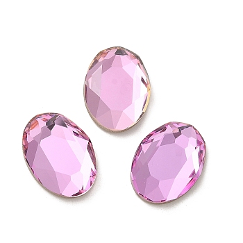 Glass Rhinestone Cabochons, Flat Back & Back Plated, Faceted, Oval, Light Rose, 14x10x3.5mm