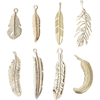 BENECREAT 16Pcs 8 Style Brass Pendants, Nickel Free, Feather, Real 18K Gold Plated, 2pcs/style