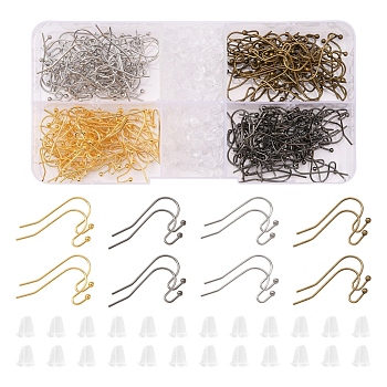 240Pcs 4 Colors Brass Earring Hooks, Ear Wire, Lead Free & Cadmium Free, with 240Pcs Plastic Ear Nuts, Mixed Color, 22x11x0.75mm, 60pcs/color