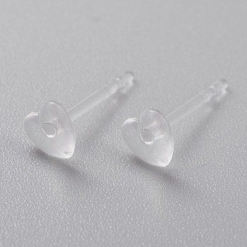 Eco-Friendly Plastic Stud Earrings, Heart, Clear, 4x4.5x1mm, Pin: 0.8mm