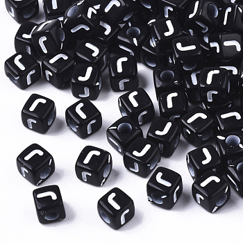 Opaque Acrylic Beads, Horizontal Hole, Alphabet Style, Cube, Black & White, Letter.J, 5x5x5mm, Hole: 2mm, about 500pcs/50g