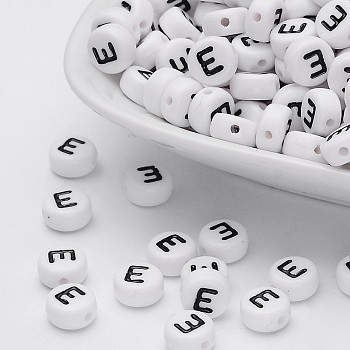 Flat Round with Letter E Acrylic Beads, with Horizontal Hole, White & Black, Size: about 7mm in diameter, 4mm thick, hole: 1mm