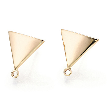 Brass Stud Earring Findings, with Loop, Triangle, Nickel Free, Real 18K Gold Plated, 13.5x13mm, Hole: 1mm, Pin: 0.8mm