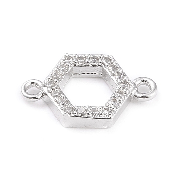 Brass Micro Pave Cubic Zirconia Links, Long-Lasting Plated, Hexagon, Clear, Platinum, 7.5x12.5x2mm, Hole: 1mm