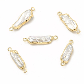 Baroque Natural Keshi Pearl Connector Charms, Nuggets Links, with Brass Double Loops, Light Gold, 24~29x6~8x3~5mm, Hole: 1.8~2mm