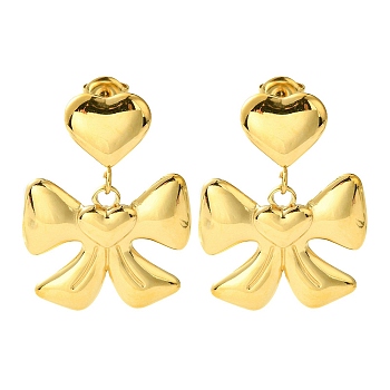 Ion Plating(IP) 304 Stainless Steel Dangle Stud Earrings, Bowknot with Heart, Real 14K Gold Plated, 32x24mm