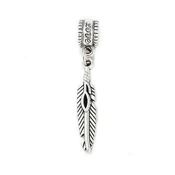 Rack Plating Brass European Dangle Charms, Large Hole Pendants, Lead Free & Cadmium Free, Antique Silver, Feather, 39mm, Hole: 4.5mm