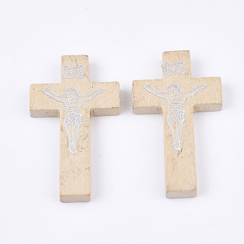 Printed Wooden Pendants, Crucifix Cross, For Easter, Bisque, 41.5~42.5x23.5~24.5x4.5mm, Hole: 2mm