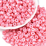 Baking Paint Pearlized Glass Seed Beads, Round Hole, Cylinder, Pink, 4x5.5mm, Hole: 1.8mm, about 2500pcs/pound(SEED-T008-03I)
