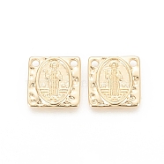 Brass Charms, Long-Lasting Plated, Square with Saint, Hammered, Real 18K Gold Plated, 14x14x2mm, Hole: 1.8mm(X-KK-F811-01G)