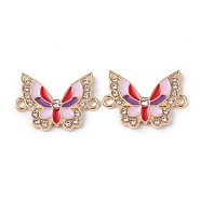 Alloy Enamel Connector Charms, Butterfly Links with Crystal Rhinestone, Light Gold, Cadmium Free & Nickel Free & Lead Free, Pink, 16x22x2mm, Hole: 1.6mm(ENAM-I054-07D)