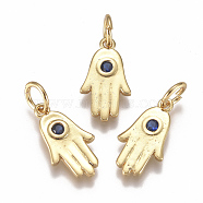 Brass Micro Pave Cubic Zirconia Charms, with Jump Ring, Long-Lasting Plated, Hamsa Hand/Hand of Fatima/Hand of Miriam, Blue, Real 18K Gold Plated, 14x8x2mm, Hole: 3mm(ZIRC-F111-16G)