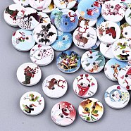 2-Hole Printed Natural Wood Buttons, Christmas Theme, Flat Round, Mixed Color, 15x4mm, Hole: 1.8mm(WOOD-S045-144)