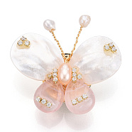Natural White Shell & Rose Quartz Pave Cubic Zirconia Butterfly Brooches for Women, Brass Pearl Pins, Real 14K Gold Plated, 34~37.5x38~39.5x14mm(JEWB-N001-03G)