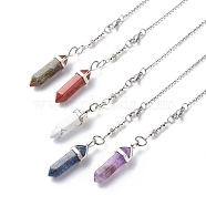 Natural Mixed Gemstone Pointed Dowsing Pendulums, with Stainless Steel Color Plated 304 Stainless Steel Findings and Synthetic Hematite Beads, Faceted Bullet Charm, 237x2mm, Pendant: 39.5x11.5x10mm(PALLOY-JF01901)