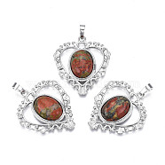 Natural Unakite Pendants, with Rack Plating Platinum Tone Brass Findings, Heart, 38.5x34x8mm, Hole: 7x5mm(G-S274-12M)