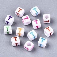 Acrylic Beads, Horizontal Hole, Cube with Mixed Color Letter, Letter.T, 6x6x6mm, Hole: 3mm, about 2600pcs/500g(MACR-T009-12T)
