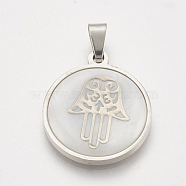 201 Stainless Steel Pendants, with Shell, Flat Round with Hamsa Hand/Hand of Fatima/Hand of Miriam, Stainless Steel Color, 23x20x3~4mm, Hole: 3x6mm(STAS-T038-22)