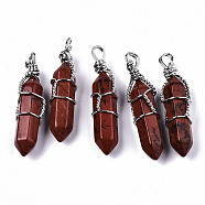 Natural Red Jasper Pendants, with Platinum Iron Findings, Wire Wrapped Pendants, Bullet, 42~44x12~13x10~13mm, Hole: 3~4mm(G-S359-197B)