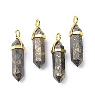 Natural Pyrite Pointed Pendants, with Random Brass Pendant Hexagon Bead Cap Bails, Golden, Bullet, 38.5~40x12~12.5x10~11mm, Hole: 3x4.5mm(G-G025-01G-22)
