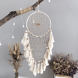 Cotton Woven Net/Web with Feather Hanging Decorations, Bohemia Macrame Hanging Ornaments for Home Office Decoration, White, 500x200mm(PW-WGCA9CC-01)