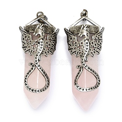 Natural Rose Quartz Faceted Pointed Bullet Big Pendants, Rack Plating Antique Silver Plated Alloy Dragon Charms, Cadmium Free & Lead Free, 55~58.5x22.5~23x18.5mm, Hole: 4.8x7.8mm(G-Q165-02AS-03)