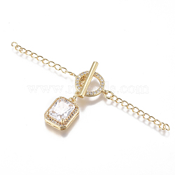 Brass Micro Pave Clear Cubic Zirconia Chain Extender, with Toggle Clasps, Long-Lasting Plated, Square, Golden, 75mm, Ring: 13.5mm wide, 13.5mm long, 2mm thick, Bar: 17.5mm wide, 6.5mm long, 2mm thick(ZIRC-G168-03G)