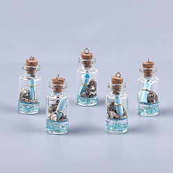 Glass Wishing Bottle Pendant Decorations, with Resin & Paper & Shell, with Cork Stopper and Iron Findings, Light Blue, 40~42x16mm, Hole: 2mm(X-GLAA-S181-02B)