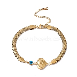 Enamel Evil Eye Link Bracelet with Flat Snake Chains, 304 Stainless Steel Jewelry for Women, Golden, Heart Pattern, Heart: 19x15x4mm, 7-5/8 inch(19.5cm)(BJEW-P284-06A-G)