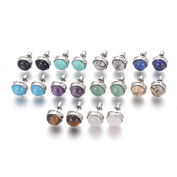 Natural & Synthetic Gemstone Stud Earrings, with Brass Findings, Half Round, Platinum, 12mm, Pin: 0.8mm(EJEW-F162-H)