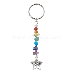 Tree of Life Tibetan Style Alloy Pendant Keychains, with Natural Gemstone Chip Beads and Iron Split Key Rings, Star, 10.4cm(KEYC-JKC00689-03)