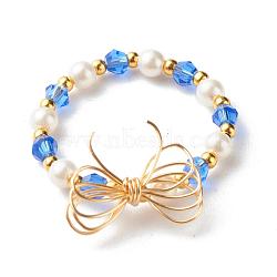 Imitate Austrian Crystal Bicone Glass Beaded Finger Rings, with Round Shell Pearl Beads and 304 Stainless Steel Round Beads, Eco-Friendly Copper Wire, Bowknot, Real 18K Gold Plated, Blue, US Size 9(18.9mm)(X1-RJEW-TA00003-04)